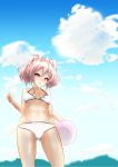  1girl ball beachball bikini bow breasts hair_bow highres idolmaster idolmaster_cinderella_girls jougasaki_mika looking_at_viewer open_mouth pink_hair short_hair sky smile solo swimsuit twintails yellow_eyes 