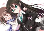  2girls ^_^ bespectacled black_hair brown_hair closed_eyes glasses green_eyes hands_in_pockets idolmaster idolmaster_cinderella_girls kamijou_haruna long_hair multiple_girls necktie open_mouth sagamihara_sakyou school_uniform serafuku shibuya_rin short_hair 