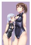  1girl 2girls breasts brown_eyes brown_hair cleavage front_zipper_swimsuit height_difference hiememiko highres kaga_(kantai_collection) kantai_collection large_breasts long_hair multiple_girls murakumo_(kantai_collection) one-piece_swimsuit side_ponytail small_breasts standing swimsuit white_hair 