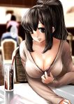  1girl black_hair blush bra breasts cafe chair cleavage drink drinking_straw highres lace-trimmed_bra large_breasts long_hair long_sleeves looking_at_viewer original reflection smile solo solo_focus souryu table underwear 