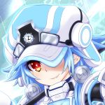  1girl blanc blue_hair choujigen_game_neptune grin hat hat_over_one_eye looking_at_viewer machinery mizunashi_(second_run) neptune_(series) next_white red_eyes short_hair smile solo white_heart 