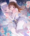  2girls anastasia_(idolmaster) bare_shoulders blue_eyes breasts brown_eyes brown_hair elbow_gloves flower gloves hat holding_hands idolmaster idolmaster_cinderella_girls jewelry long_hair multiple_girls nitta_minami open_mouth pantyhose repi987 rose short_hair silver_hair smile white_legwear 