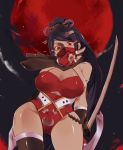 1girl black_hair face_mask long_hair mask moon ninja oshiro_project ponytail red_eyes sword weapon 