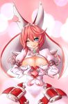  1girl :p blue_eyes breasts cleavage clover elphelt_valentine evil-dei four-leaf_clover guilty_gear guilty_gear_xrd heart heart_hands large_breasts long_hair looking_at_viewer pink_hair solo tongue tongue_out winking 