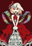  1girl alternate_costume bare_shoulders blonde_hair chain collar dress elbow_gloves flandre_scarlet gloves hat no_wings red_eyes ribbon short_hair side_ponytail solo touhou wings yoshinaga_p 