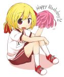  1girl :d alternate_costume blonde_hair character_name fang gym_uniform hair_ribbon happy_birthday jagabutter open_mouth pom_poms red_eyes ribbon rumia sitting smile touhou 