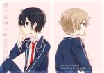  1girl 2boys back-to-back black_eyes black_hair blonde_hair eugeo green_eyes hand_on_own_chin jianmo_sl kirito male_focus multiple_boys necktie school_uniform short_hair sword_art_online 