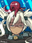  1girl alternate_eye_color animal_on_head blonde_hair bubble dark_skin dated face glasses gun kantai_collection kikumon long_hair musashi_(kantai_collection) no_nose octopus short_twintails solo tatsumi_rei turret twintails twitter_username underwater weapon 