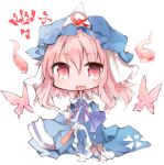  1girl :d akaki_aoki bangs butterfly character_name chibi dress fan folding_fan frilled_dress frills hitodama mob_cap open_mouth pink_eyes pink_hair ribbon saigyouji_yuyuko short_hair simple_background smile solo touhou white_background 