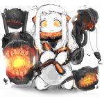  &gt;:3 1girl :3 ahoge airplane dress fire highres holding horns kantai_collection kneeling long_hair mittens naiga northern_ocean_hime orange_eyes shinkaisei-kan solo white_dress white_hair white_skin 