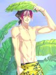  1boy candytang442494812 earrings free! grin head_scarf highres jammers jewelry leaf leaf_on_head male_focus matsuoka_rin no_nipples open_mouth red_eyes redhead sharp_teeth short_hair smile solo swim_trunks 