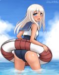  1girl blonde_hair blue_eyes crop_top don_(29219) flower from_behind hair_flower hair_ornament kantai_collection lifebuoy long_hair ro-500_(kantai_collection) sailor_collar school_swimsuit swimsuit swimsuit_under_clothes tan tanline 