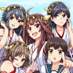  5girls adjusting_glasses ahoge athyra black_eyes black_hair blue_eyes blue_sky blush breasts brown_eyes brown_hair clouds collarbone double_bun fubuki_(kantai_collection) glasses group_picture hair_ornament hair_tucking hairclip haruna_(kantai_collection) headgear hiei_(kantai_collection) kantai_collection kirishima_(kantai_collection) kongou_(kantai_collection) large_breasts long_hair looking_at_viewer multiple_girls nontraditional_miko odd_one_out one_eye_closed open_mouth outdoors pointing pointing_at_viewer school_uniform serafuku short_hair sky smile upper_body v violet_eyes 