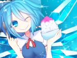  1girl blue_eyes blue_hair bow cirno hair_bow ice ice_wings kuresento one_eye_closed shaved_ice solo spoon touhou wings 