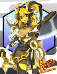 1girl agawa_ryou ahoge axe breasts brown_eyes chain fang horns oni original pointy_ears smile solo weapon yellow_skin 