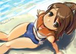  1girl beach blue_swimsuit brown_eyes brown_hair hair_ornament i-401_(kantai_collection) kantai_collection kurono_tokage long_hair looking_at_viewer one-piece_swimsuit open_mouth ponytail sitting solo swimsuit 