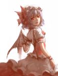  1girl bat_wings bow frilled_sleeves frills from_behind hat hat_bow highres looking_at_viewer looking_back mob_cap puffy_short_sleeves puffy_sleeves purple_hair red_bow red_eyes remilia_scarlet sarie_(zyy842434511) short_hair short_sleeves simple_background sketch solo touhou white_background wings wrist_cuffs 