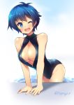  1girl ;d arm_support bare_shoulders blue_hair blush breasts cleavage cleavage_cutout front_zipper_swimsuit highres hoppege kamishiro_sui large_breasts looking_at_viewer one-piece_swimsuit one_eye_closed open_mouth short_hair smile solo swimsuit tokyo_7th_sisters 