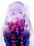  1girl adjusting_scarf breath buttons coat hatsune_miku headphones looking_at_viewer nz_(smile_yuting) scarf scarf_over_mouth solo striped striped_scarf tears twintails vocaloid white_background 