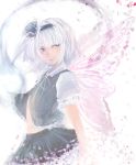  1girl butterfly_wings collared_shirt cowboy_shot disintegration frilled_skirt frills from_side grey_eyes hairband highres konpaku_youmu konpaku_youmu_(ghost) light_smile lips looking_to_the_side nose open_clothes open_vest ribbon ribbon-trimmed_sleeves ribbon_trim short_hair short_sleeves signature silver_hair skirt solo touhou triangle vest white_background wings 