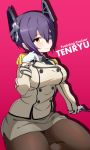  1girl cosplay eyepatch headgear highres ichi-jirushi kantai_collection katori_(kantai_collection)_(cosplay) pointer purple_hair tenryuu_(kantai_collection) uniform yellow_eyes 