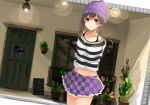  1girl akira_(mr_akira) alternate_costume arms_behind_back beanie bra_strap brown_eyes brown_hair cafe checkered checkered_skirt contemporary flower_pot frilled_skirt frills hat himekaidou_hatate midriff open_sign outdoors shirt skirt solo standing striped striped_shirt touhou twintails 
