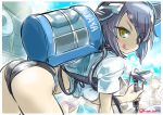  1girl ass black_hair black_panties blush eyepatch hair_ribbon kantai_collection kurono_tokage long_hair panties ribbon smile solo tenryuu_(kantai_collection) tongue tongue_out underwear water water_gun yellow_eyes 