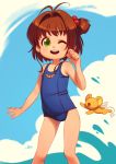  1girl alkemanubis brown_hair cardcaptor_sakura green_eyes highres kero kinomoto_sakura school_swimsuit short_hair swimsuit wink 