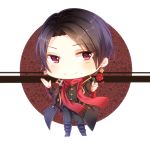  1boy boots brown_hair chibi earrings flower full_body jewelry kan_(rainconan) kashuu_kiyomitsu long_hair looking_at_viewer male_focus mole mole_under_mouth ponytail red_eyes red_scarf rose scarf simple_background smile solo standing touken_ranbu unmoving_pattern white_background 