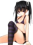  1girl :o bent_knees bikini black_hair blush hair_ornament long_hair looking_at_viewer midriff mizushina_minato navel open_mouth original side_slit simple_background skirt solo striped striped_legwear swimsuit thigh-highs twintails violet_eyes wristband 