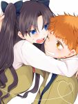  1boy 1girl annoyed black_hair blue_eyes emiya_shirou fate/stay_night fate_(series) hug kino_hazuki long_hair orange_eyes orange_hair toosaka_rin two_side_up 