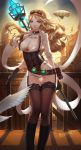  1girl artist_name bird blonde_hair breasts city cleavage gloves highres janna_windforce league_of_legends liuruoyu8888 long_hair looking_at_viewer open_clothes open_shirt parted_lips railing sky solo staff thigh-highs zettai_ryouiki 