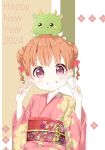  1girl blush brown_hair commentary creature_on_head double_bun double_v dragon floral_print hair_bun hair_ribbon happy_new_year highres japanese_clothes kimono looking_at_viewer mearian obi original pink_kimono red_ribbon red_sash ribbon sash smile teeth twintails twitter_username v violet_eyes wide_sleeves 