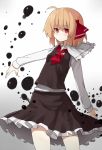  1girl blonde_hair darkness expressionless frilled_skirt frills hair_ribbon highres outstretched_arm red_eyes ribbon rumia sh_(562835932) shirt short_hair skirt touhou vest 