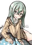  1girl black_eyes glasses green_hair kantai_collection long_hair nekobaka ribbed_sweater sketch solo suzuya_(kantai_collection) sweater 