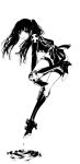  1girl bangs black_hair boots d.gray-man high_heel_boots high_heels highres insignia knee_boots knee_pads lenalee_lee long_sleeves massuru monochrome ripples scrunchie sleeves_past_wrists solo thigh_strap twintails white_background 