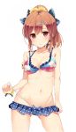  1girl bare_arms bikini bikini_pull blush bow breasts brown_hair cleavage cure_slum girlfriend_(kari) hair_bow hair_ornament hairclip looking_at_viewer miniskirt navel ponytail red_eyes sakurai_akane_(girlfriend) skirt solo swimsuit thighs 