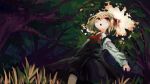  1girl ascot black_dress blonde_hair dress forest hair_ribbon highres long_sleeves nature open_mouth red_eyes ribbon rumia shirt short_hair solo touhou tree yunuki_uta 