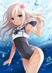  1girl bare_arms blue_eyes blush bubble flower hair_flower hair_ornament harimoji kantai_collection long_hair looking_at_viewer ro-500_(kantai_collection) school_swimsuit silver_hair smile solo swimsuit tan tanline underwater water 