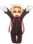  1girl adapted_costume blonde_hair hair_ribbon incoming_hug looking_at_viewer open_mouth outstretched_arms pants red_eyes ribbon rumia school_uniform shamo_(koumakantv) shirt solo touhou 