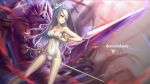  1girl breasts cleavage dungeon_and_fighter long_hair red_eyes see-through silver_hair solo sword wangchuan_de_quanyan weapon 