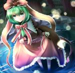  1girl bow forest front_ponytail green_eyes green_hair hair_bow highres indo_(mdtanaka2007) kagiyama_hina long_hair looking_at_viewer nature pond puffy_short_sleeves puffy_sleeves shirt short_sleeves skirt solo touhou wrist_ribbon 