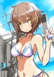  1girl bare_shoulders bikini brown_hair furutaka_(kantai_collection) glowing glowing_eyes kantai_collection kurono_tokage machinery navel ocean short_hair smile solo swimsuit upper_body water yellow_eyes 