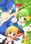  3girls :d blonde_hair blue_eyes blue_hair bow cirno daiyousei dress fang green_eyes green_hair hair_bow jagabutter multiple_girls open_mouth outstretched_arms red_eyes rumia shirt short_hair side_ponytail smile spread_arms touhou vest wings 