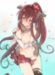  1girl blush breasts brown_eyes brown_hair cherry_blossoms cleavage flower hair_flower hair_ornament kantai_collection konno_seara long_hair ponytail torn_clothes yamato_(kantai_collection) 