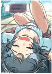  1girl blue_panties breasts closed_eyes downblouse electric_fan fang hair_ornament hairclip kako_(kantai_collection) kantai_collection kurono_tokage lying on_back open_mouth panties pillow sleeping smile solo tatami underwear 