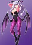  1girl arms_up bat_wings boots breasts bridal_gauntlets cosplay head_wings heart_cutout idolmaster large_breasts leotard long_hair morrigan_aensland morrigan_aensland_(cosplay) pantyhose red_eyes shijou_takane shouji_2 silver_hair vampire_(game) wings 