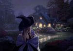  1girl blonde_hair bow building canzhajiang commentary_request flower from_behind hat highres house kirisame_marisa night outdoors puffy_short_sleeves puffy_sleeves short_sleeves smoke solo touhou tree witch_hat 