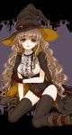  1girl bangs black_legwear boots buckle cape curly_hair frills gloves halloween hat highres kneeling light_brown_hair long_hair massuru original ribbon solo thigh-highs very_long_hair witch witch_hat yellow_eyes 