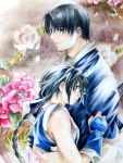  1boy 1girl armpits arms_behind_back black_eyes black_hair bow braid fingerless_gloves floral_background flower gloves graphite_(medium) highres japanese_clothes long_hair makimachi_misao nijinohouseki obi open_mouth rurouni_kenshin sash shinomori_aoshi short_hair single_braid smile traditional_media watercolor_(medium) 